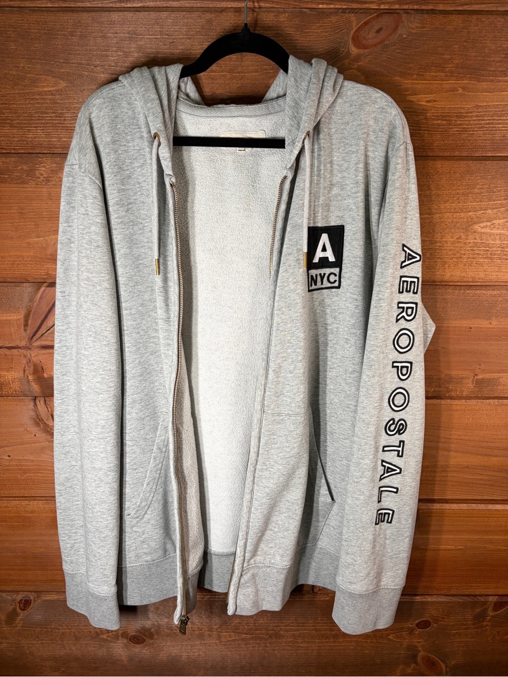 Aeropostale Men's Gray Zip-Up Hoodie NYC Patch and Embroidered Sleeve Logo Large
